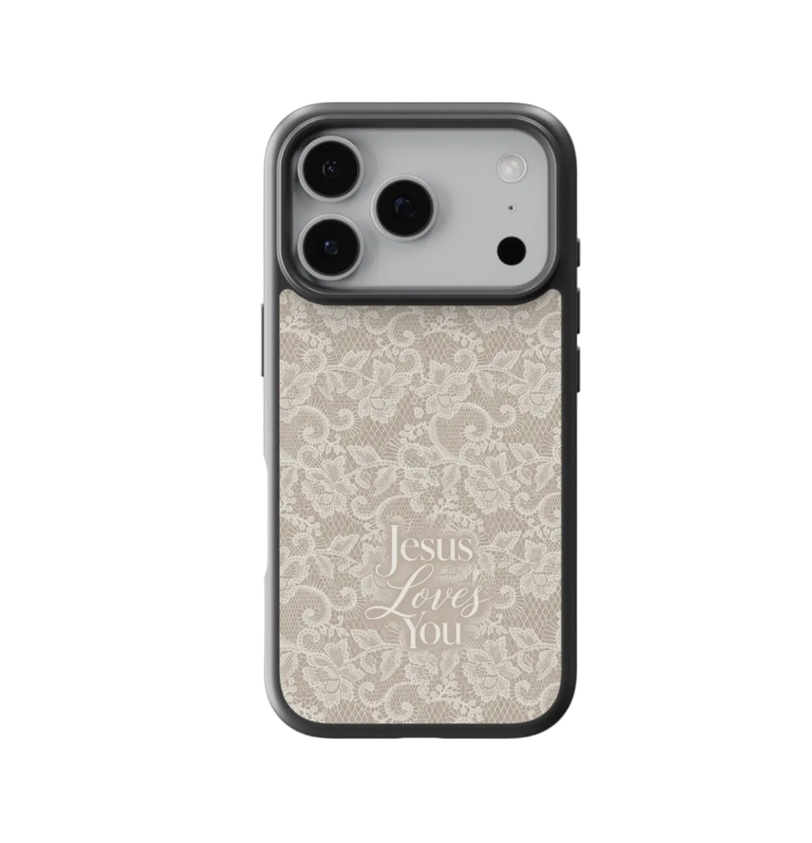Heavenly Lace Christian iPhone Case – Cream Lace Jesus Loves You Phone Case