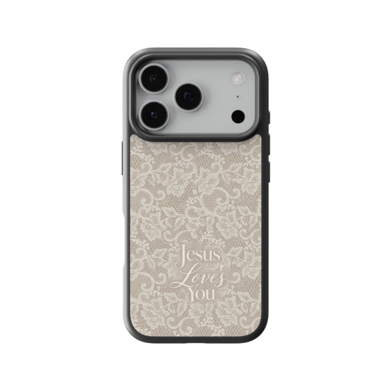 Heavenly Lace Christian iPhone Case – Cream Lace Jesus Loves You Phone Case