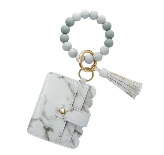 Silicone Beaded Tassel Bracelet Wristlet Bangle Keychain With Marble Card Holder Wallet