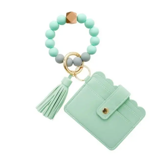 Silicone Beaded Tassel Bracelet Wristlet Bangle Keychain With Mint Card Holder Wallet