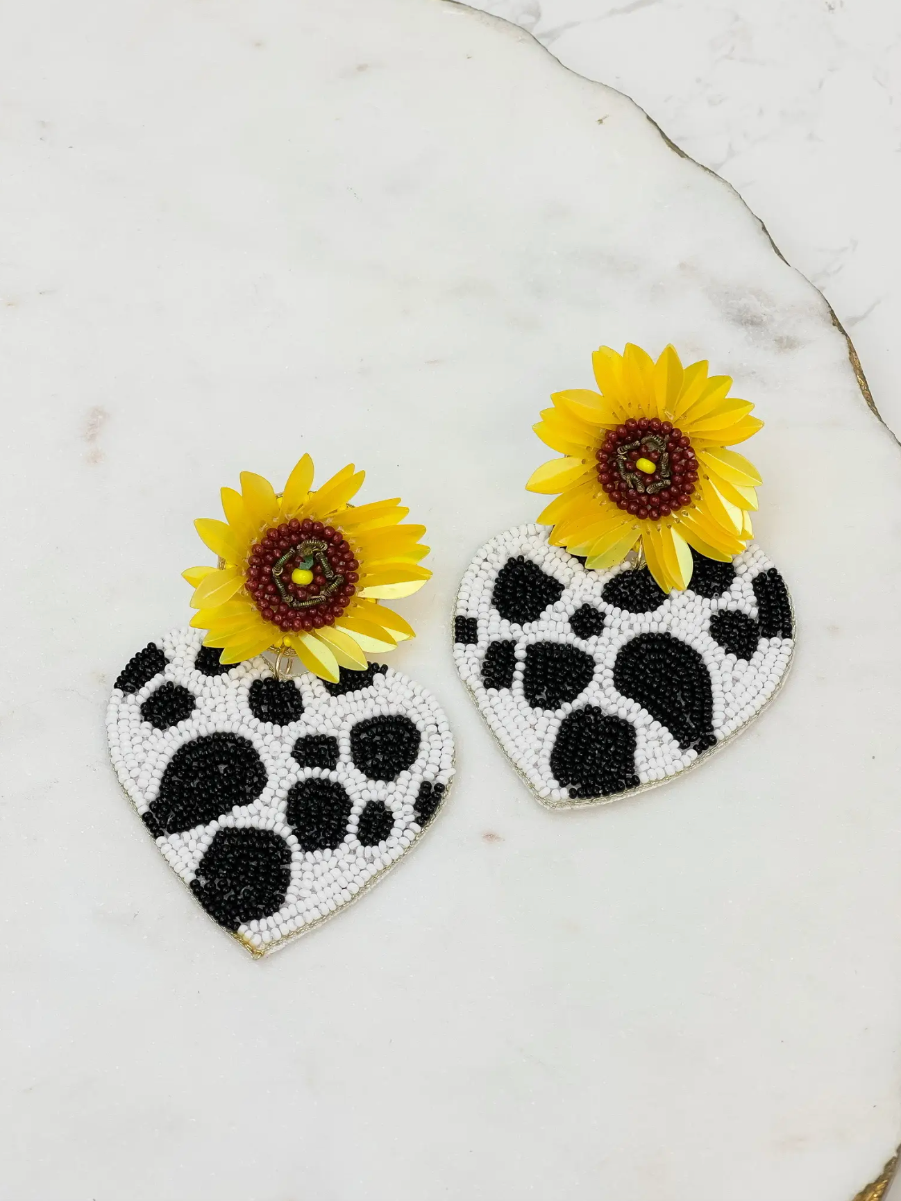 Sunflower Post Cow Print Heart Earrings