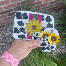 Load image into Gallery viewer, Sunflower Post Cow Print Heart Earrings
